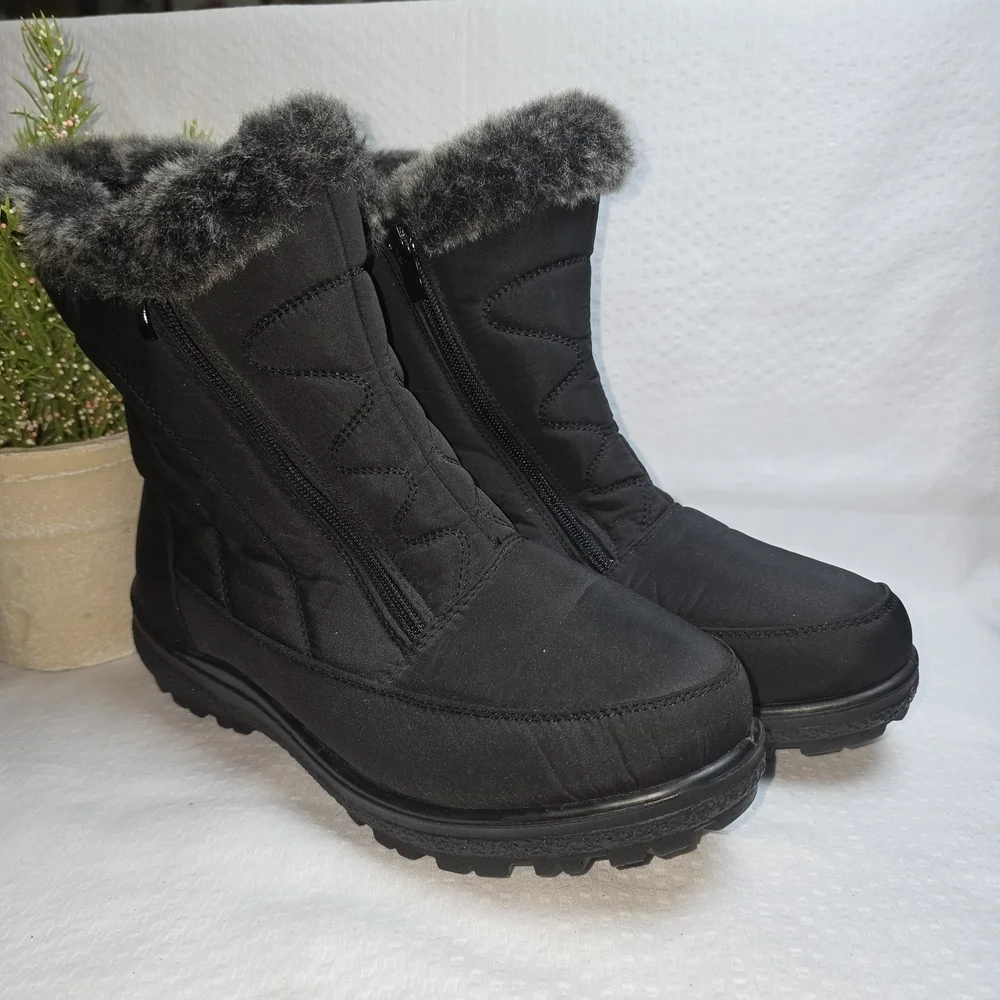 FLEXUS BY SPRING STEP Cozy Black Winter Boots with Faux Fur Lining DOUBLE ZIP 10